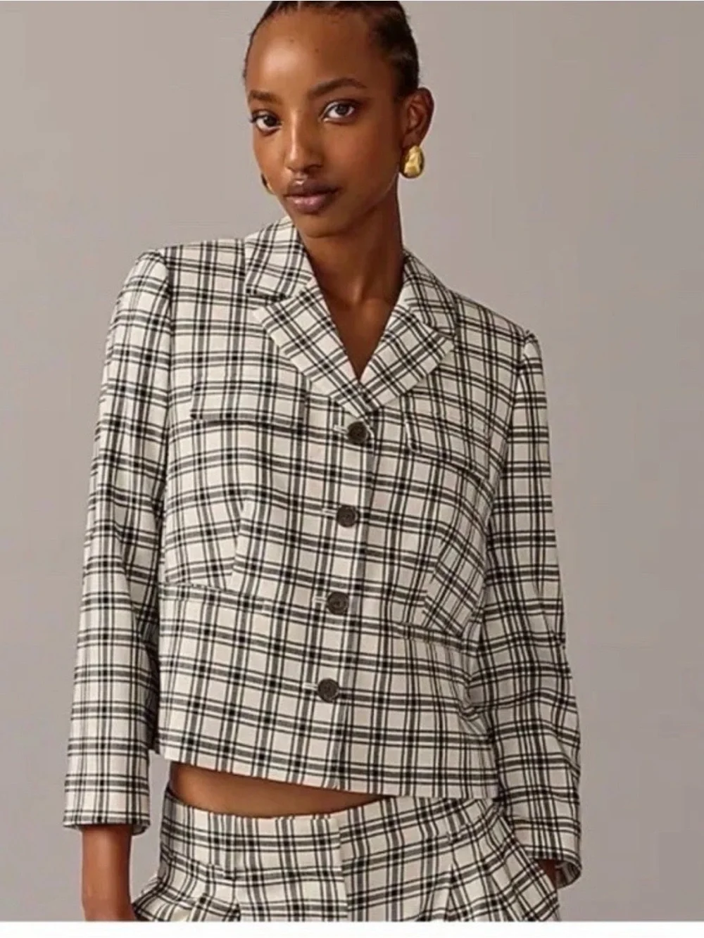 J. Crew Cream and Black Plaid Tailored Blazer